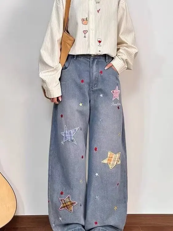 

Light Blue Star Embroidered Loose Jeans Men Women Style Spring Autumn Casual Straight Leg Pants Versatile Slimming Wide Leg
