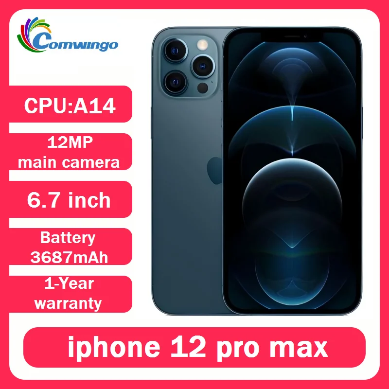 iPhone 12 Pro Max Desbloqueado de 6.7 Pulgadas, 128GB/256GB ROM, Chip A14 Bionic, iOS Original de Apple, 12pm Usado, con Face ID