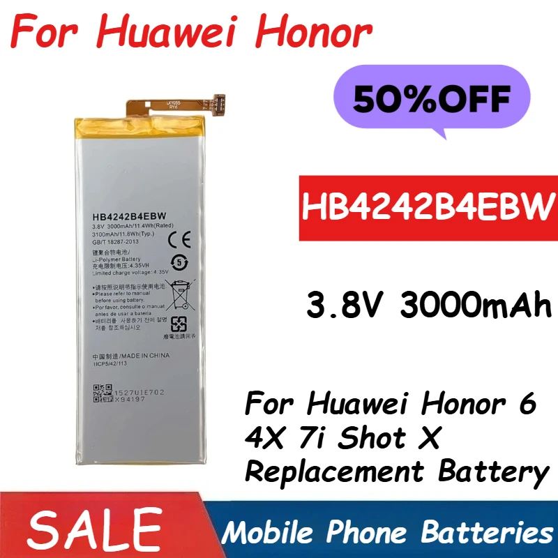 

HB4242B4EBW Mobile Phone Battery 3.8V 3000mAh For Huawei Honor 6 4X 7i Shot X Replacement BatteryBrand-New High Quality