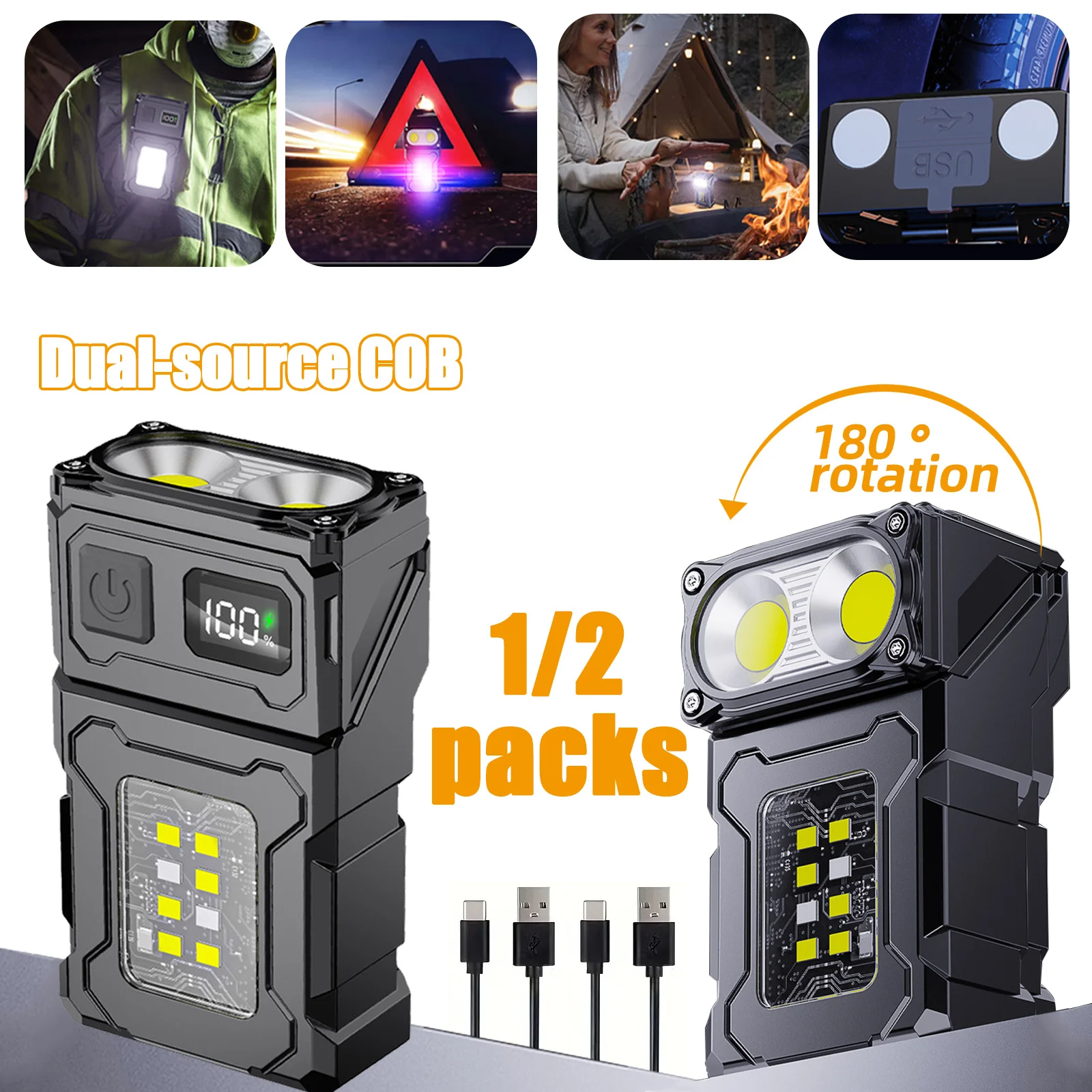

2/1Pcs Portable Flashlight Super Bright MINI USB Rechargeable LED Tail MagnetTorch with COB Emergency Light for Camping Hiking