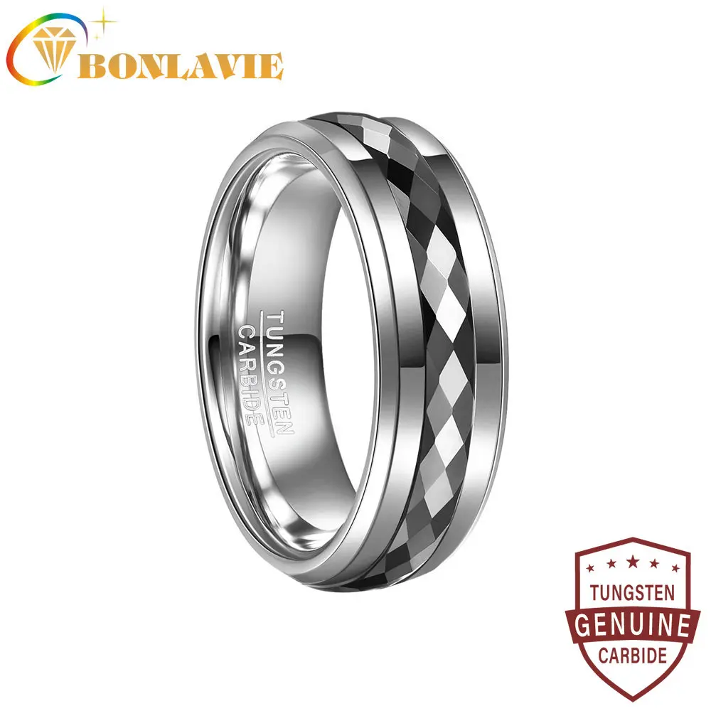 BONLAVIE 8mm Middle Black Batch of Flowers on Both Sides of Steel Color Tungsten Carbide Ring Men\'s Fashion Wedding Jewelry