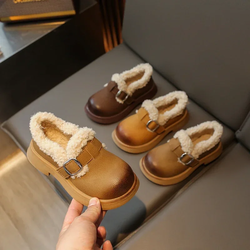 

Children Leather Shoes for Girls 2024 Winter New Fashion Korean Style Princess Soft Sole Anti-slippery Keep Warm Chic Plush Shoe