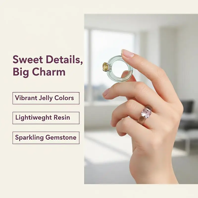 Candy Colored Transparent Resin Chunky Rings With Shiny Square Rhinestone Inlay For Daily Wear Party Dating