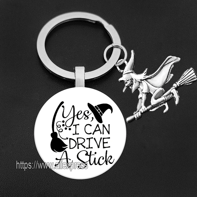 Black and White Witch Key Chains House Flying Witch with Broomstick Keychains Gothic Jewelry Gift for Halloween