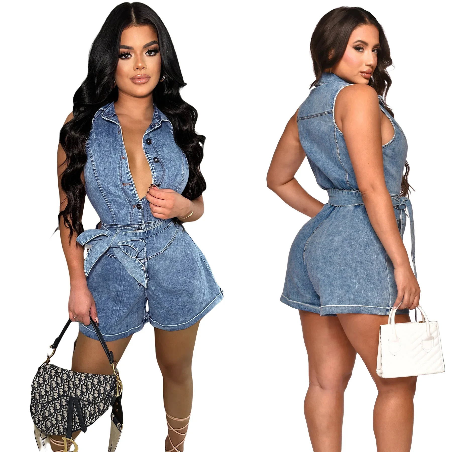 Jumpsuit Y2K Streetwear musim panas Denim seksi 2024 Bodysuit wanita Playsuit elegan Bodycon satu bagian saku Romper kargo Jumpsuit