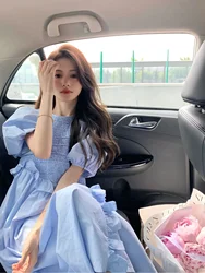 Blue Bubble Sleeves Ruffled Patchwork Dress for Women Summer Loose Round neck Puffy Waist Long A-line Dress Girls lolita dress