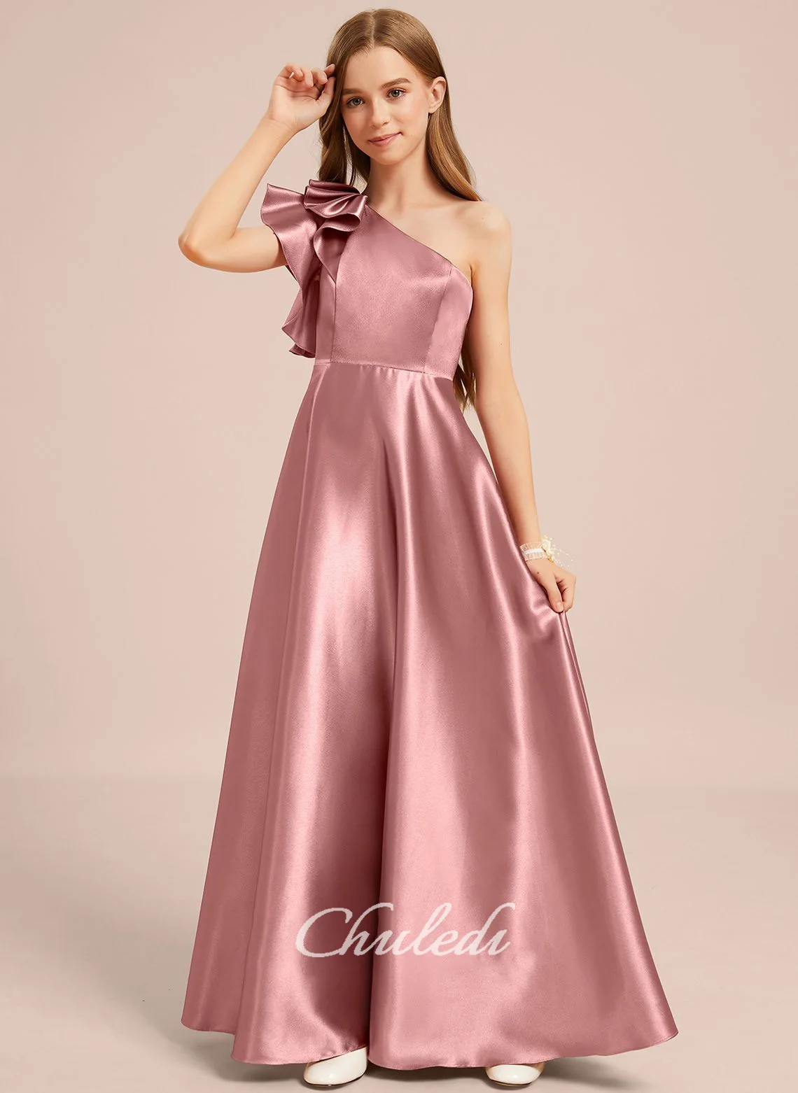 A-line One Shoulder Floor-Length Stretch Satin Junior Bridesmaid Dress