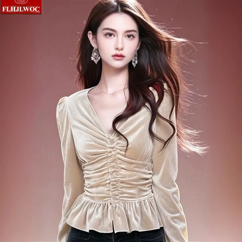 

Velvet Tops Blouses New Fashion Woman Autumn Winter Basics Wear Long Sleeve Solid V Neck Retro Vintage Chic Korea Draped Shirts