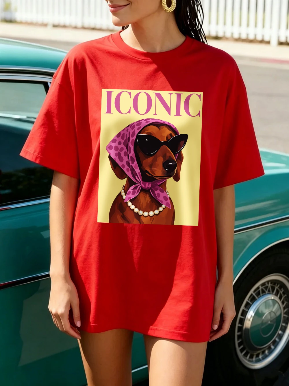 Ikonische Dackel-Prints, Baumwoll-T-Shirts für Damen, Sommer-Kurzarm-T-Shirts, O-Ausschnitt, weiche, übergroße Oberteile, einfache, bequeme Kleidung – Detail 23
