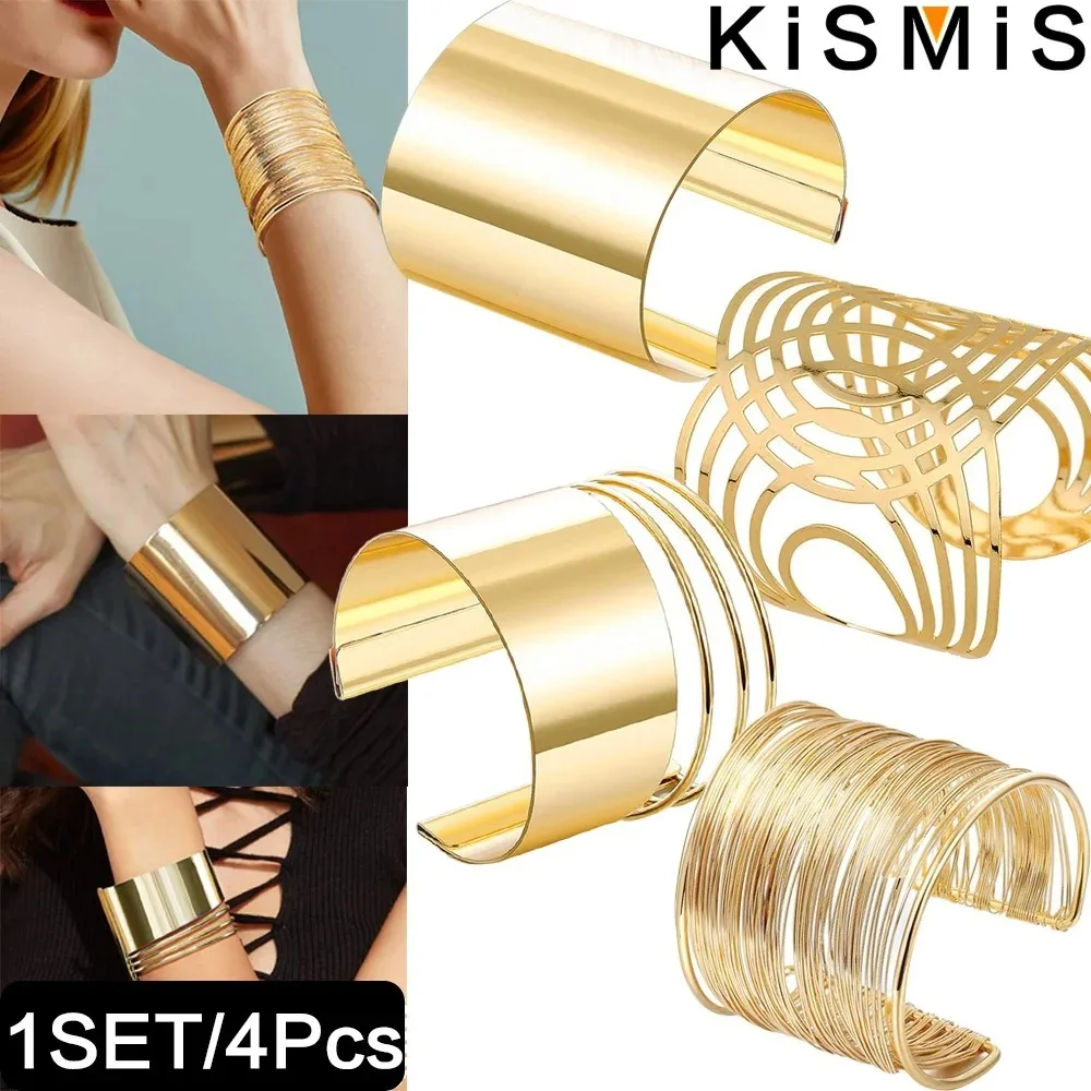 KISMIS 1 Set/4Pcs Cuff Bangle Bracelet for Women Open Wide Wire Bracelets Gold Wrist Cuff Wrap Bracelet