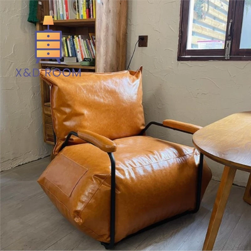 

X&D Nordic Oil Wax Leather Lazy Sofa Single Leisure Tatami Lounge Chair Small House Industrial Style Retro Coffee Shop Iron Sofa