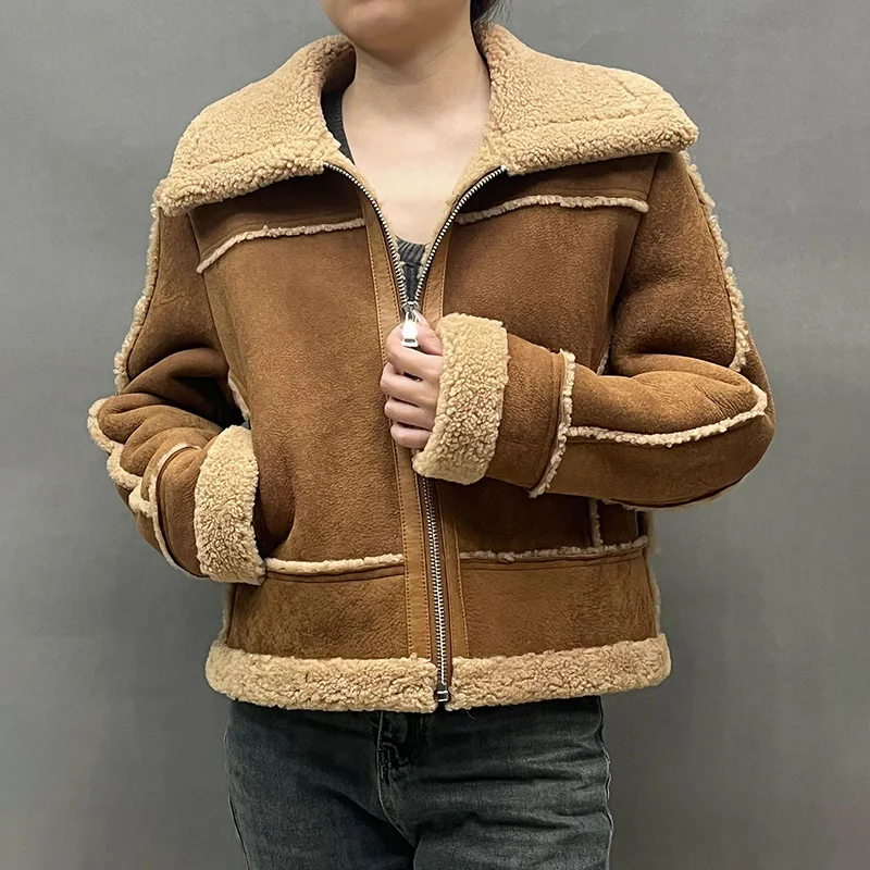 2024 Fashion Shearling Jacket Winter Thick Warm Wool Lined Coat Genuine Sheepskin Women Vintage Outerwear