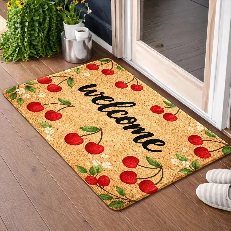 Red Cherry Welcome Door Mat Non Slip Indoor Entrance Rug Fruit Floral Print Doormat Farmhouse Summer Sweet Home Decor Carpet