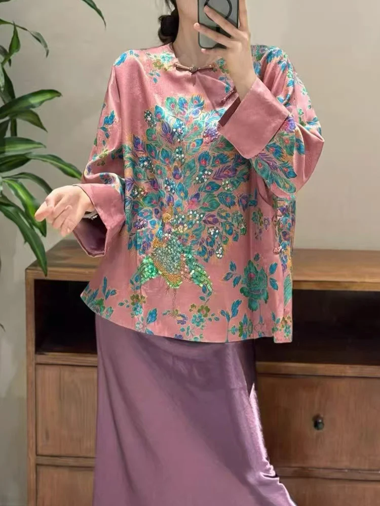 Spring and Autumn New Round Neck Handmade Button Silk +Rayon Fabric Retro Peacock Beading Design Women's Jacket
