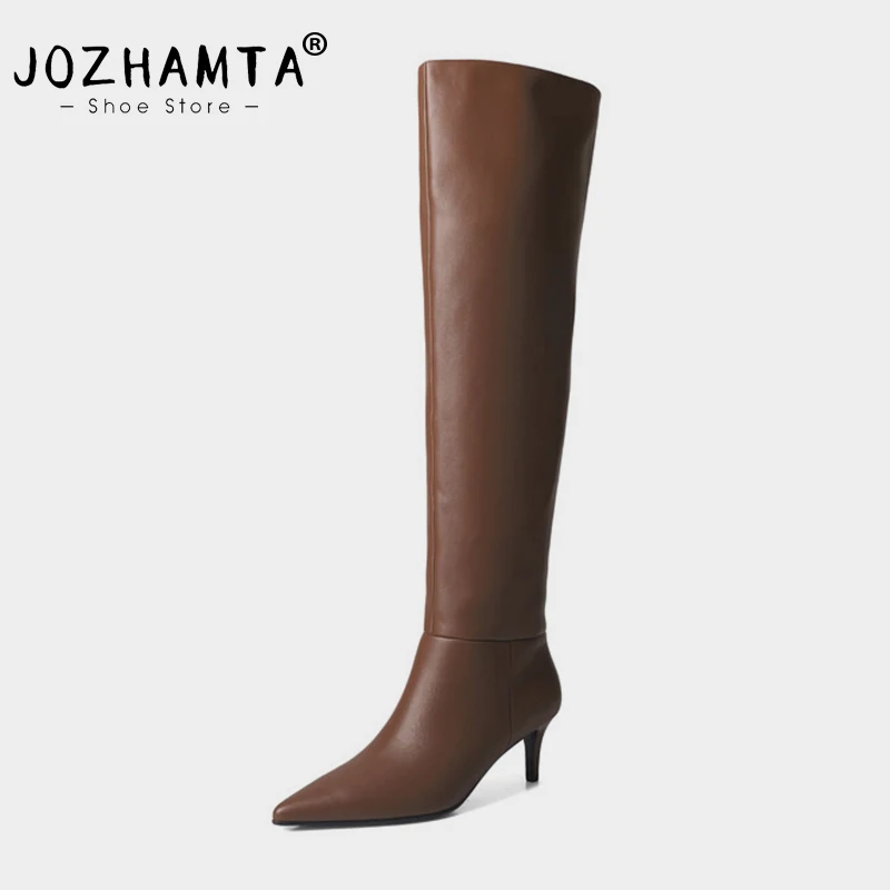 JOZHAMTA Size 34-43 Knee High Boots For Women Genuine Leather Sexy Pointy Kitten Heels Shoes Winter 2025 Wide Calf Long Boots