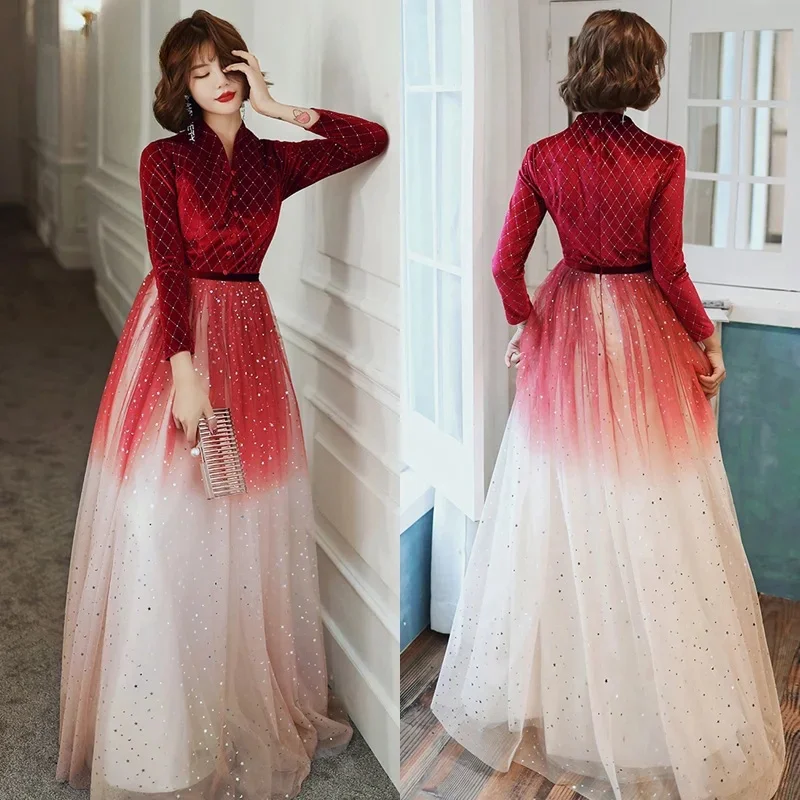 

Evening Dresses Burgundy Velvet Bling V-neck Full Sleeves A-Line Floor-Length Robe De Soiree Plus size Women Party Formal Gowns