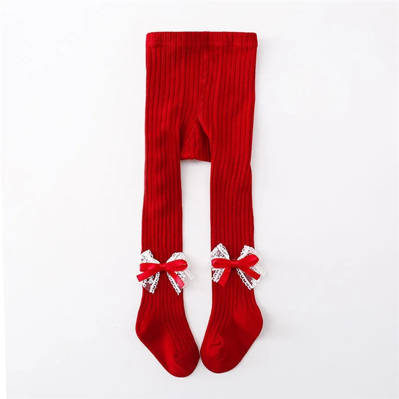 Girls Autumn Christmas Red Knitted Leggings for Children Christmas Red Elastic Band With Bow Decoration Tight Pants  Pantyhose