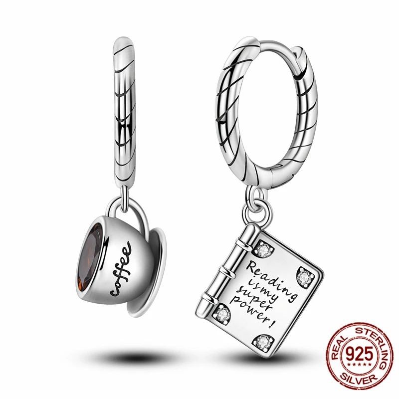 

Original Designer 925 Sterling Silver Elegant Ewelry Fashion Coffee Cup And Book Earrings For Woman Wedding Party Gift