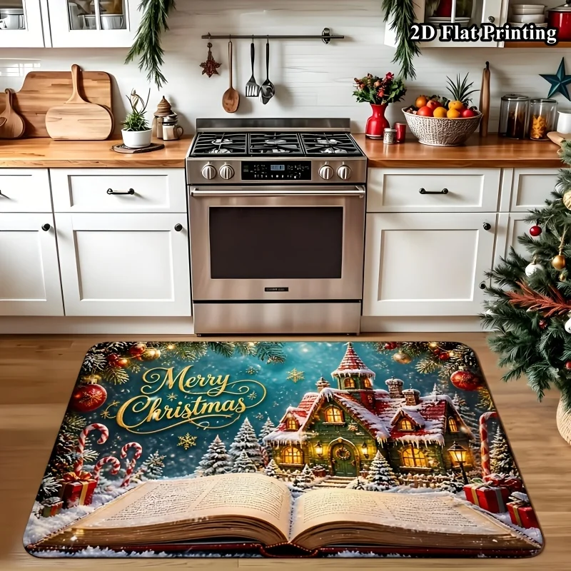 1pc 2D Flat Christmas Rug, Magic Book Christmas Village Print, Machine Washable, Soft, for Entryway, Living Room, Bedroom