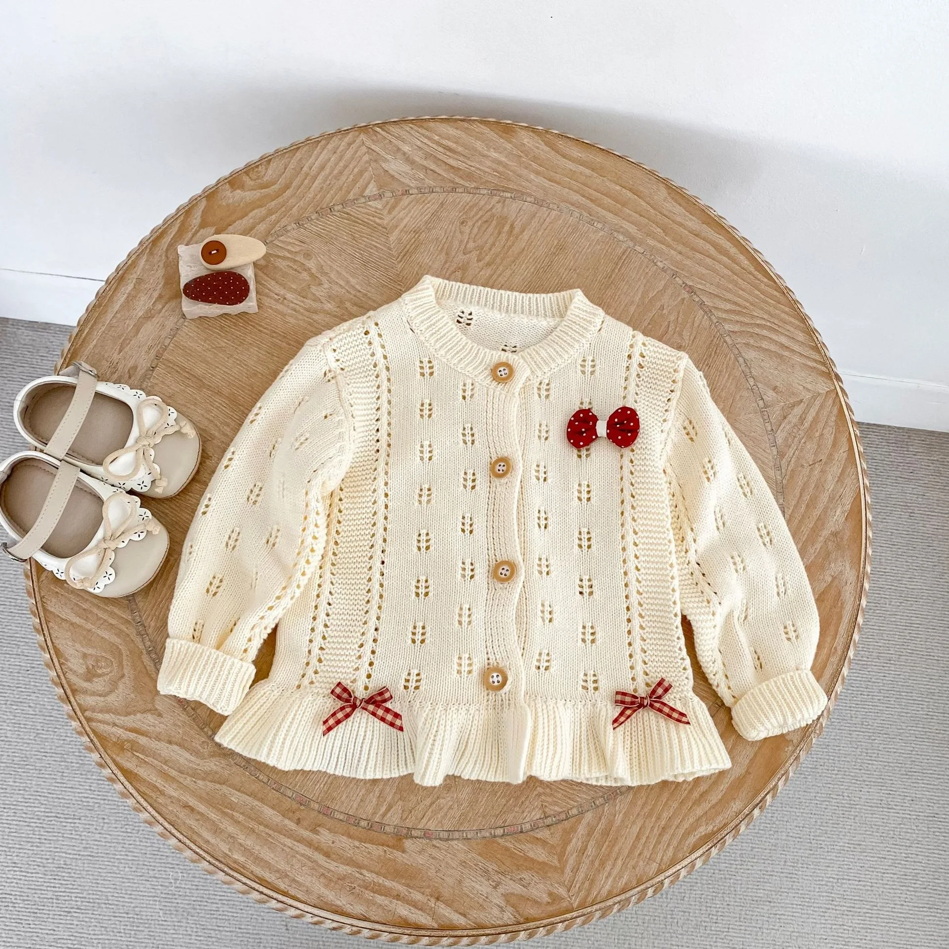 2026 Autumn New Girls Cute Bow Knitted Cardigan Solid Infant Sweater Coat Sweet Baby Girl Knitwear Comfortable Toddler Clothes
