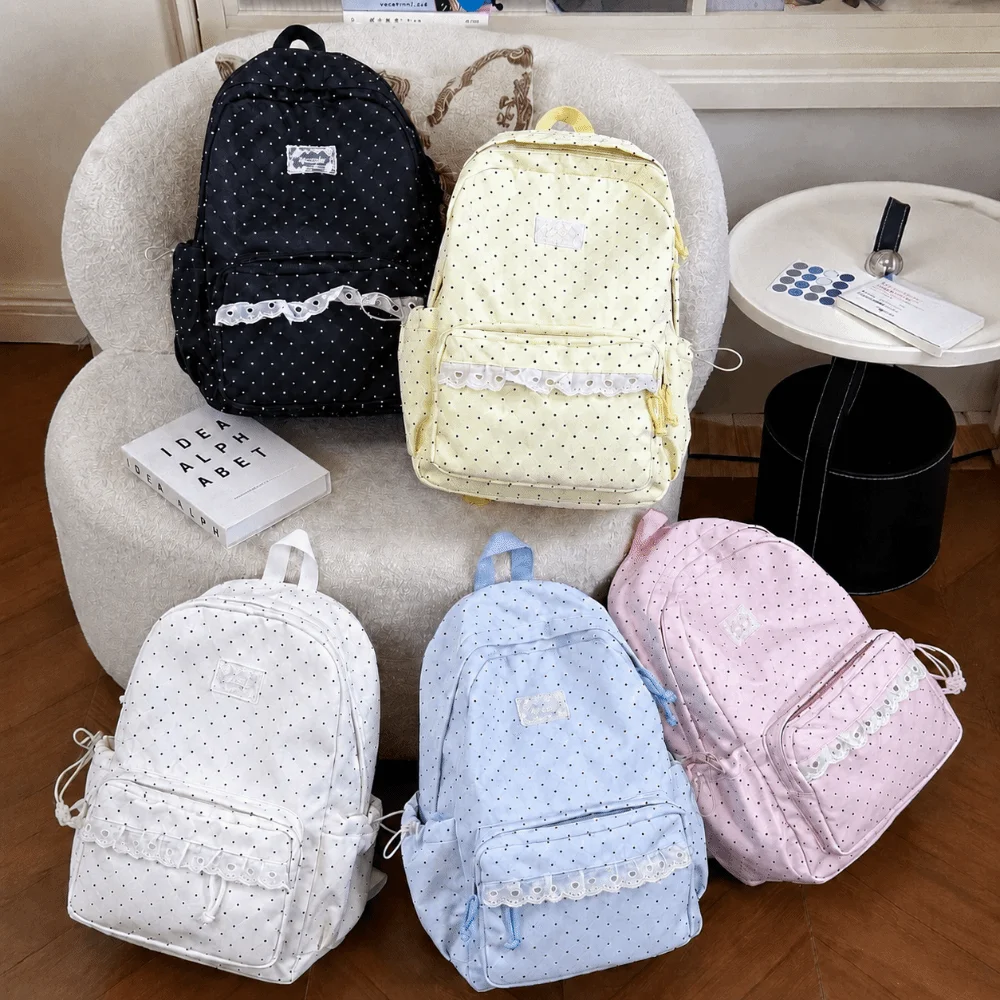 Fashion Polka Dot Travel Backpack with Lace Large Capacity Student Schoolbag Nylon Multi-pocket Laptop Daypack