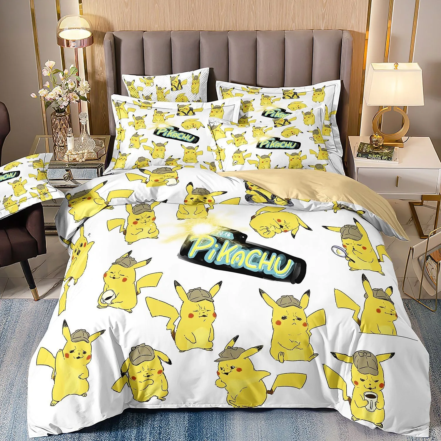 Pokémon cartoon bedding set, Pikachu cute duvet cover pillowcase, home bedroom three-piece set, boy and girl comforter sets