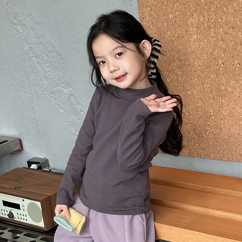Boys Girls Korean Wool Lining Mock Neck Shirts Soft High Elastic Thermal Basic Tops Casual Undershirts