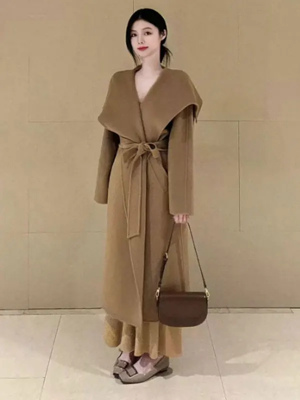 

Retro Ladylike Sle Belted Long Coat with Stand Collar Faionable Outerwear for Women Straight Cut Korean Sle Commute
