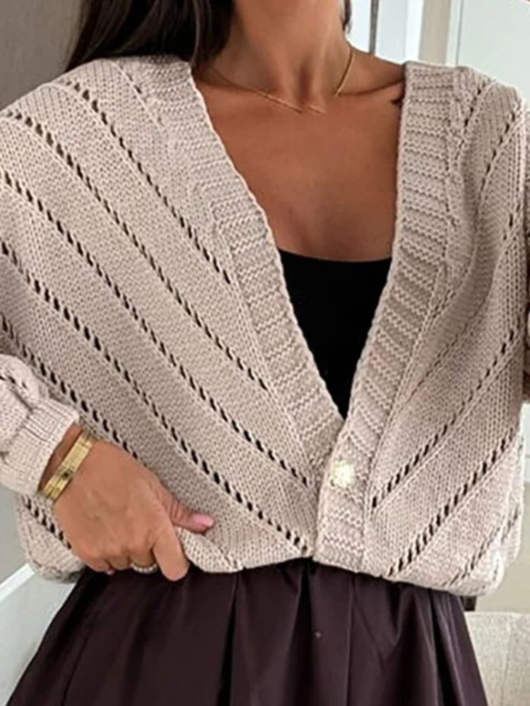 

Autumn New Solid Color Jumpers Vintage V-neck Long Sleeve Hollow Out Knit Cardigans Casual Loose One Button Commute Sweater Coat
