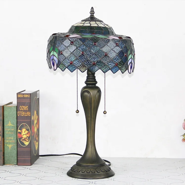 12 Inch Peacock Feather Tiffany Antique Table Lamps Stained Glass Lamp Handmade Creative Bedroom LED Light