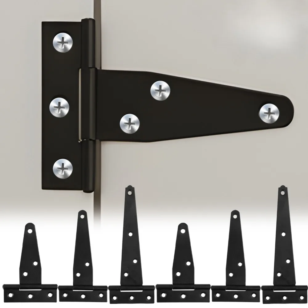 3/4/6 Inch Black T-Strap Hinges Rustic Gate Strap Hinge Rustproof Gate Door Black Hinges for Windows, Fence and Barn Gates