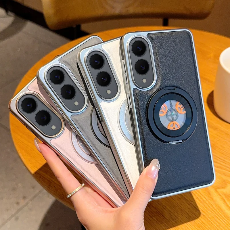 

For Samsung Galaxy S25 Edge Case Gear Pattern Magnetic 360° Rotation Metal Stand TPU Edge Leather Covered Shell Cover