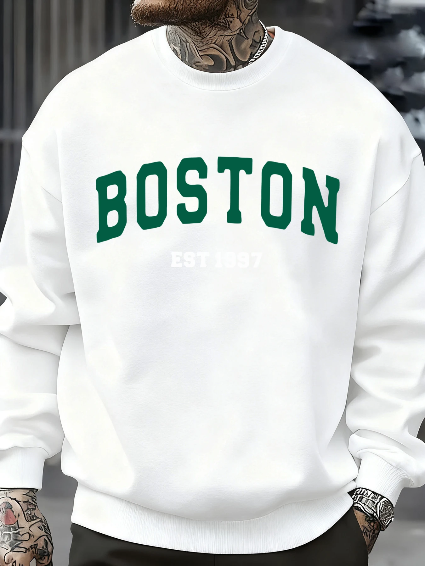 Boston Letter, schlichte Muster, Herren-Sweatshirt, modische, warme Pullover, lässige, übergroße, bequeme Streetwear, Herbst-Fleece-Kleidung. – Detail 13