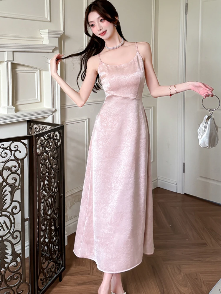 Women Pink Jacquard Satin Chic Sling Sexy Long Dress Summer Elegant Casual Holiday Dress 2025 Korean Vintage Bodycon Party Dress