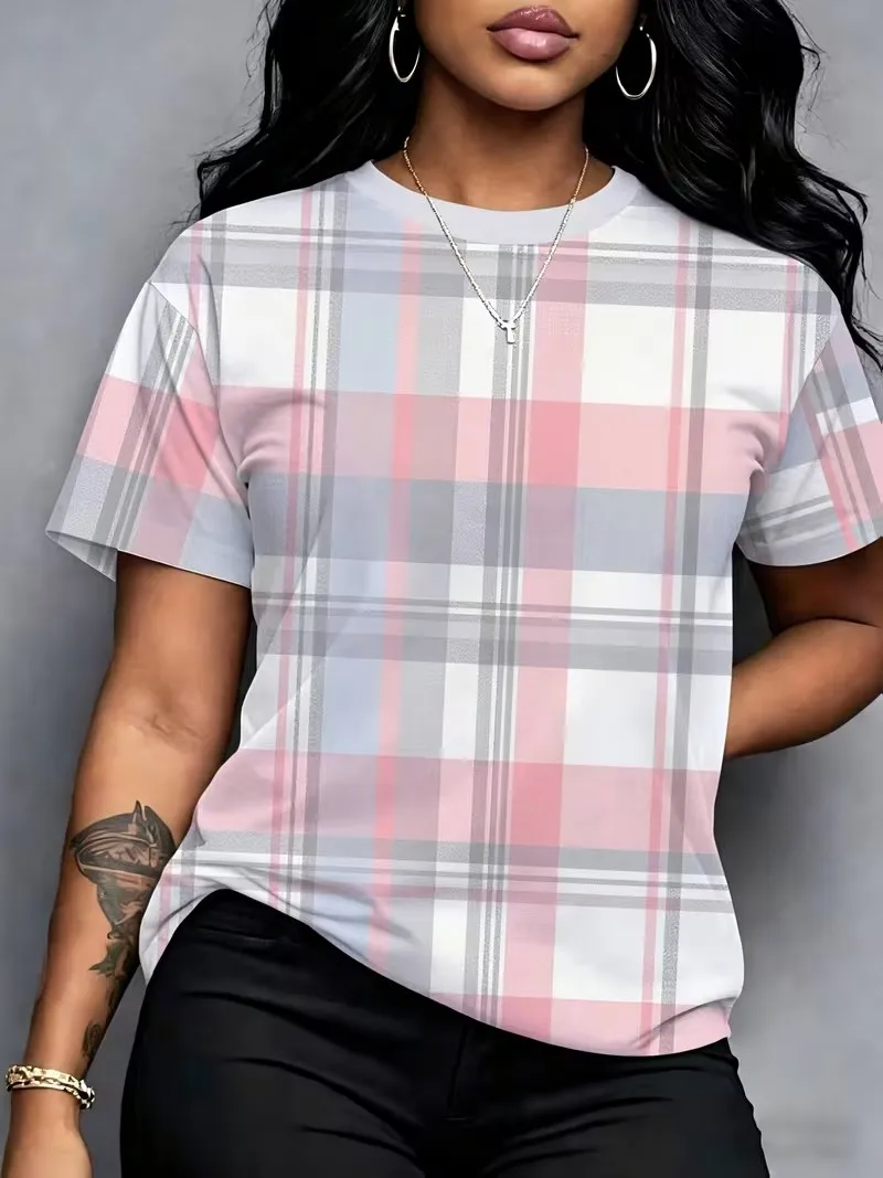 Women's T-shirt Summer Short Sleeved Round Neck Casual Top Retro Colored Checkered Striped Printed Top