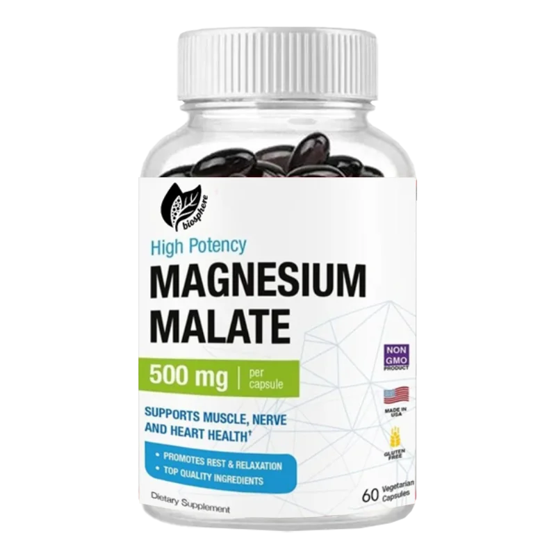 Magnesium Malate 500mg X 60 Vegetarian Capsules - Highly Absorbent Non-GMO Supplement for Muscle Joint & Heart Health Support