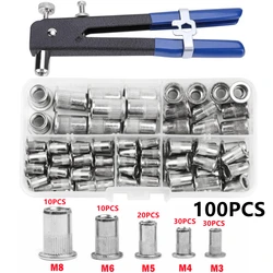 100Pcs M3-M8 Aluminum Alloy Flat Head Threaded Rivet Insert Nutsert Cap Nut Mulit-size  Rivet Nut Kit Riveter Gun  Tool