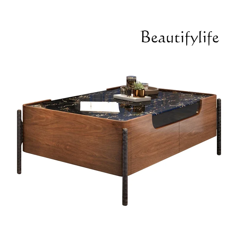 

French retro solid wood coffee table TV cabinet combination villa living room design marble surface coffee table