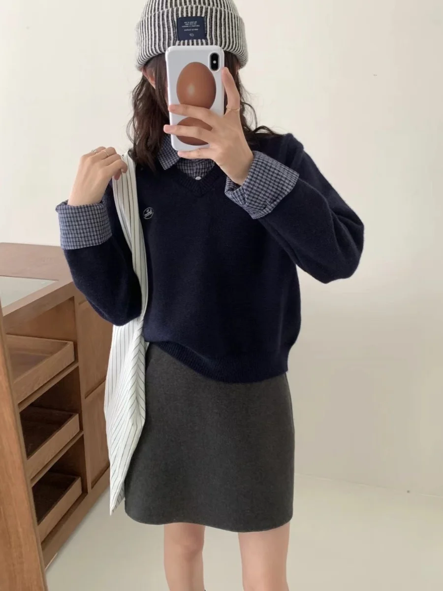 College sle malha ne camisola bordada gola irt falso de duas peças etiqueta redonda versão coreana longo sve inverno