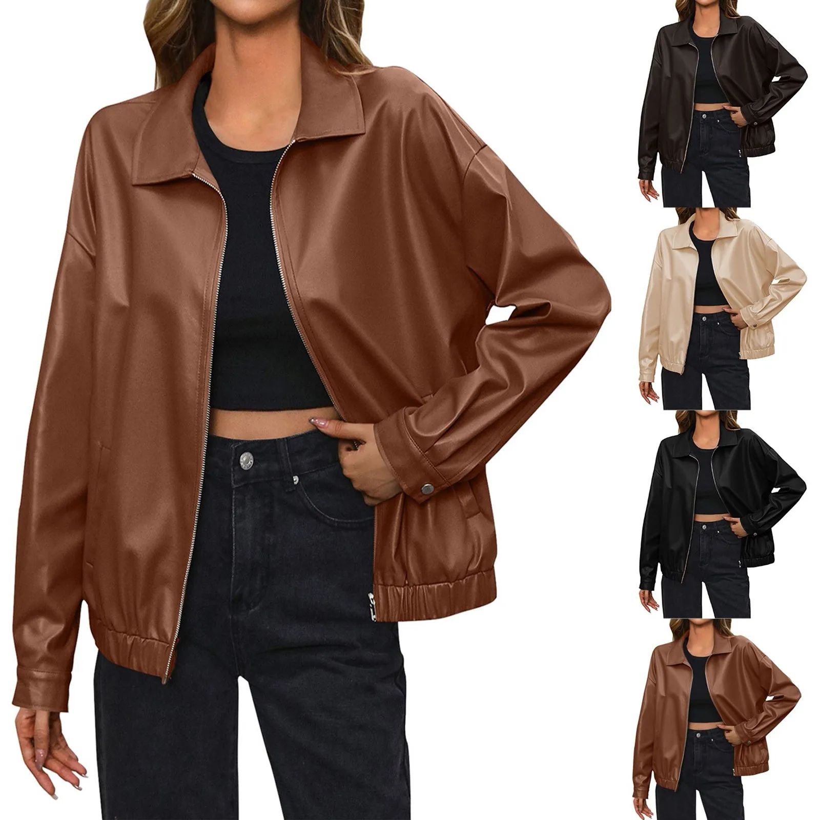 Senhoras moda casual cor sólida ao ar livre jaqueta de couro casaco curto vintage manga longa lapela zíper casacos rua outerwear