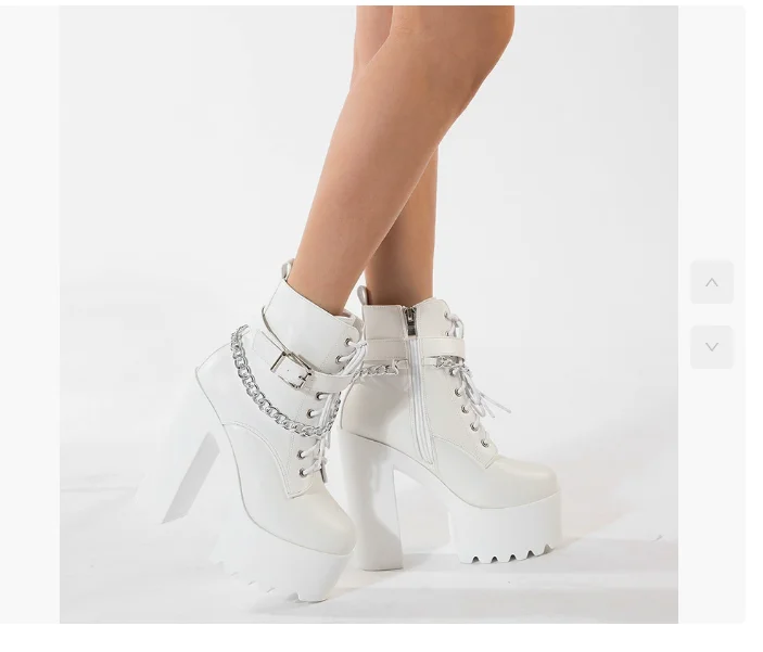 New Women's Chain Decor Black Heeled Boots Fashion Lace Up Side Whiter Platform Boots Stylish Ankle Boots High Heels Large size
