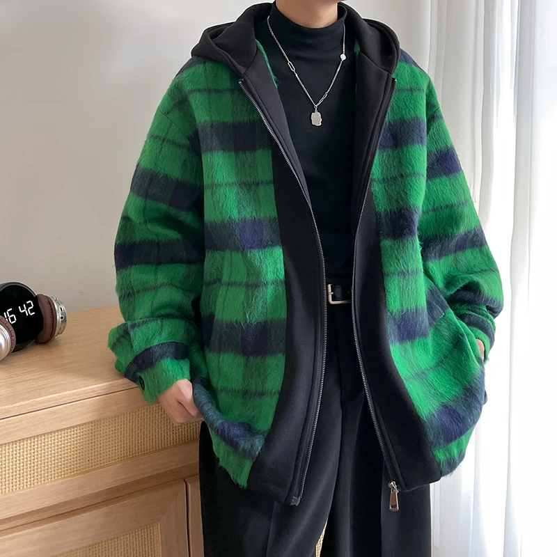 

Мужская шерстяная куртка свободного кроя для осени и зимы, модная ретро-модель с капюшоном, повседневное пальто с узором в клетку, на молнии, ветрозащитное