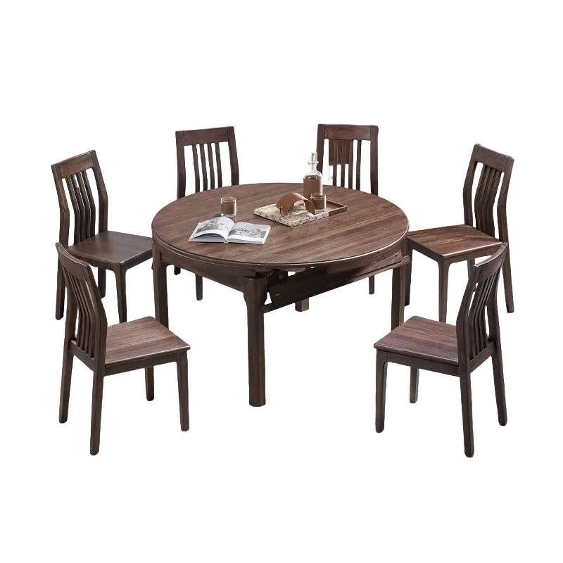 

Thickened black walnut solid wood dining table and chair combination retractable folding table small apartment variable round ta