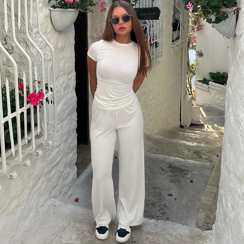 

Women Trousers Suit Solid Color O-neck Short-sleeved Top Loose Elastic Waist Wide-leg Pants Women Suit 2025 New Yoga Sportswear