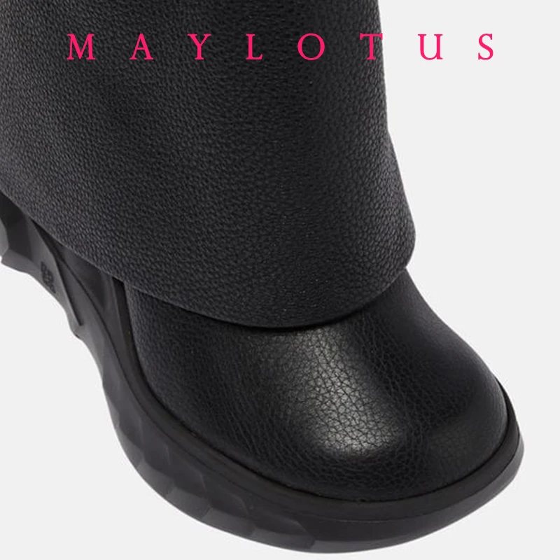 2024 Fashion New  Women\'s Autumn Winter Mid-Calf Boots Shark Lock Platform Round Toe Boots Wedge Heels Vintage Shoes