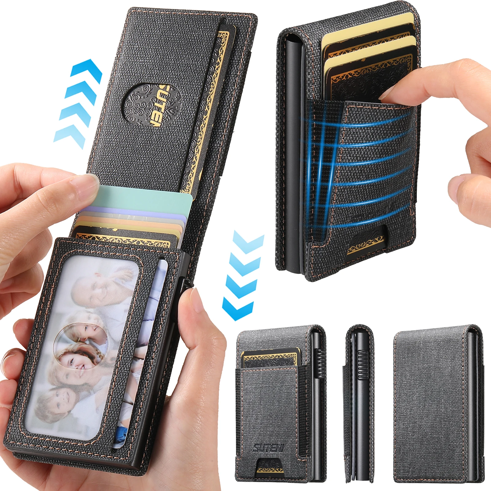 

Мужской кошелек SUTENI из искусственной кожи с отделениями для карт, откидной крышкой и автоматическим выдвижением карты при нажатии на кнопку.