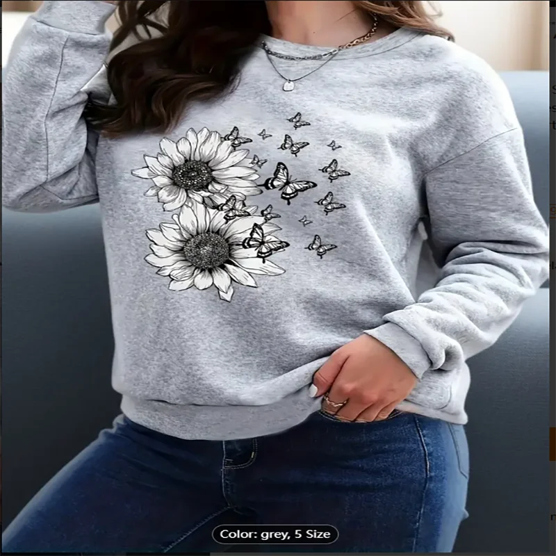 

Мягкая толстовка Мягкая вязка Женская повседневная толстовка с принтом подсолнечника Полиэстер Обычная длина с длинными рукавами Удобная свободная посадка