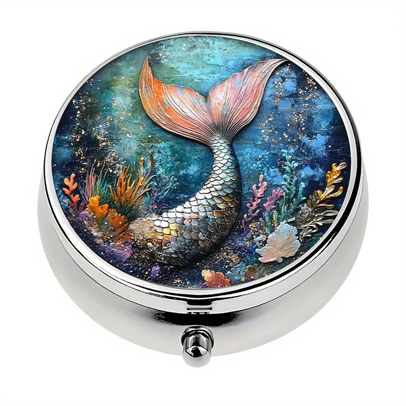 1-piece pill box, 3-compartment mermaid ocean theme, mini pill box, medication storage box, decorative metal storage box, used for storing medication and vitamins
