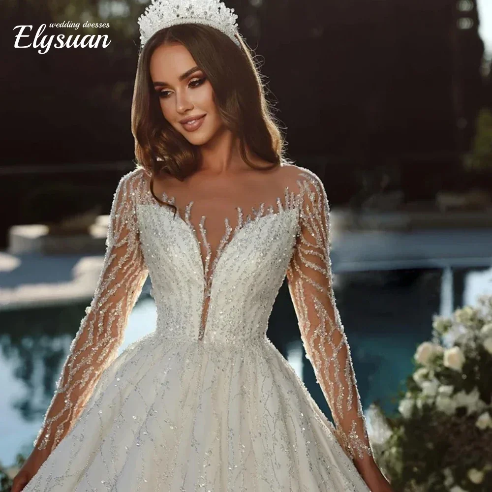 Personalizado vestidos de casamento de luxo grânulo rendas lantejoulas vestido de baile mangas completas o-pescoço vestido de noiva novia