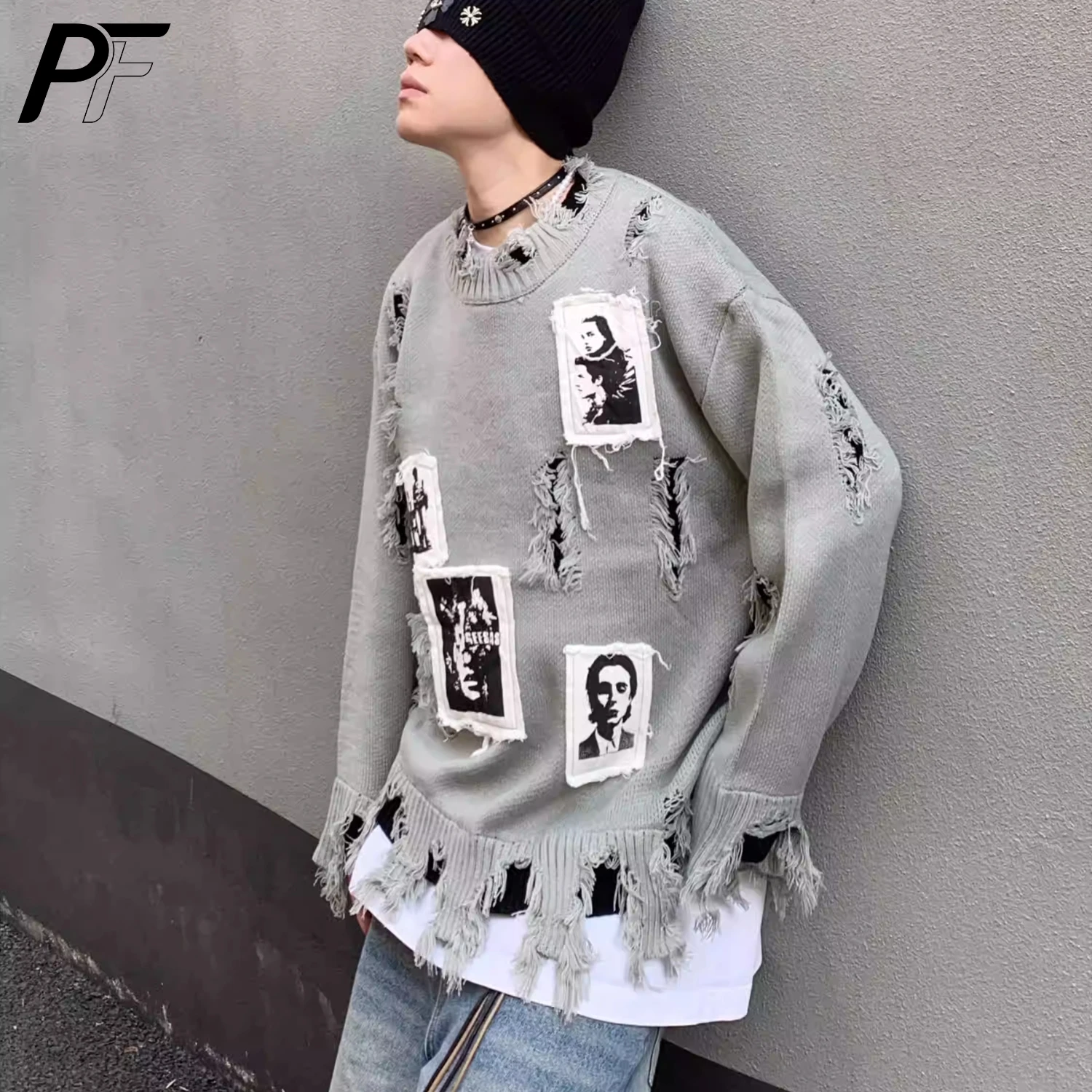Pull col rond déchiré style rétro américain avec patch portrait, coupe ample, manches longues, décon